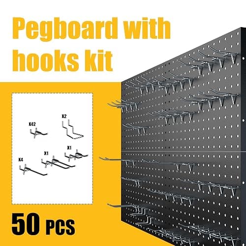 Spampur Peg Board, 4 Pack Metal Pegboard Panels with 50 Hooks, Black Pegboards Wall Organizer, Heavy Duty Peg Board for Walls Home, Garage Tool Storage, Office Organization, Craft Room, Kitchen thumbnail 5