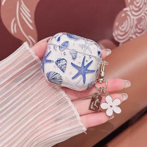 MINSCOSE Compatible with AirPods 4 Clear Case,Cute Beautiful Seashell and Starfish Pattern Design with Keychain, Soft TPU Protective Shockproof Cover for AirPods 4 for Women Girls-Blue thumbnail 5