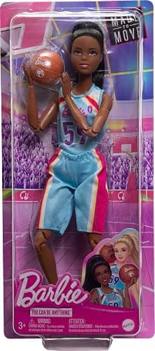 Barbie Careers Fashion Doll & Accessories, Made to Move Brunette Basketball Player Wearing Removable Uniform with Ball, 22 Bendable Joints thumbnail 6