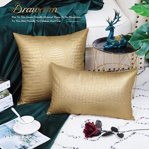 BRAWARM Faux Leather Pillow Covers 20 X 20 Inches, Gold Leather Pillow Covers Pack of 2, Crocodile Leather Decorative Throw Pillows for Living Room Couch Bed Sofa Home thumbnail 4
