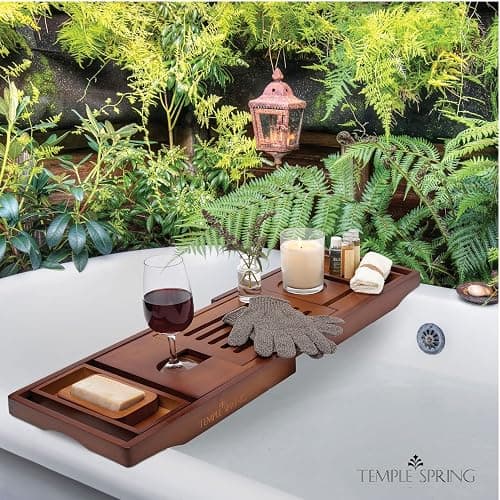 Temple Spring Wooden Bath Tray, Bath Shelf Bathroom Accessory, Home Spa Boards for Adults, Bathtub Caddy, Bamboo Bathroom Accessories Set, Extendable Bathtub Rack with iPad & Phone Holder -Wood Brown thumbnail 6