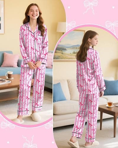 Sylfairy Girls Pajamas Silk PJS Set Satin Sleepwear Long Sleeve Jammies for Kids Button-Down Nightwear Loungewear 3-16 Years thumbnail 4