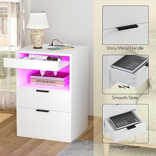 Yusong LED Nightstand Bedside Table with Charging Station 2 Drawers, White Modern Sofa Couch End Side Table with LED Lights and Pull-Out Shelf for Bedroom Living Room, Wooden thumbnail 6