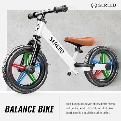 SEREED Toddler Balance Bike 2 Year Old, No Pedal Kids Bicycle Toys for 2-5 Years Old, Tool-Free Adjustment, Customize Plate with Stickers, Gift for 2-3 Boys Girls (White Lighting) thumbnail 9