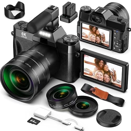 Yatao Digital Cameras for Photography and Vlogging, 6K 64MP Flip Screen, Dual Lens, Microphone for Video, 64GB TF Card, Compact Photo WiFi Camera for YouTube Kit Travel, Beginners (Black) - Image 1