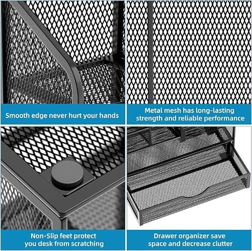 Marbrasse Mesh Desk Organiser,Stationary Organiser,Multifunctional Pen Holder,Desktop Storage and Drawer for Home Officee(Black) thumbnail 6