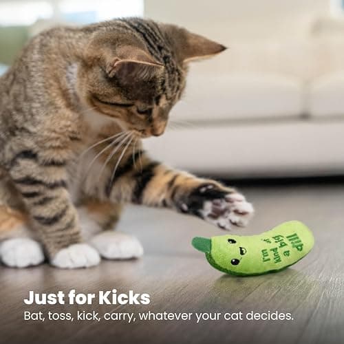Catstages Crunchy Pickle Kicker Toy with Catnip and Dental Mesh, Pickle Shape, Plush and Crinkle Cat Toy for Kicking, Tossing, and Teeth Cleaning, Green thumbnail 6