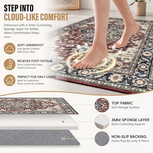 Homaxy Vintage Rugs Living Room Washable Anti Slip Large Rug Low Pile Boho Lounge Carpet for Bedroom, Nursery, Kitchen - 160 x 220 cm, Retro Red/Beige thumbnail 3