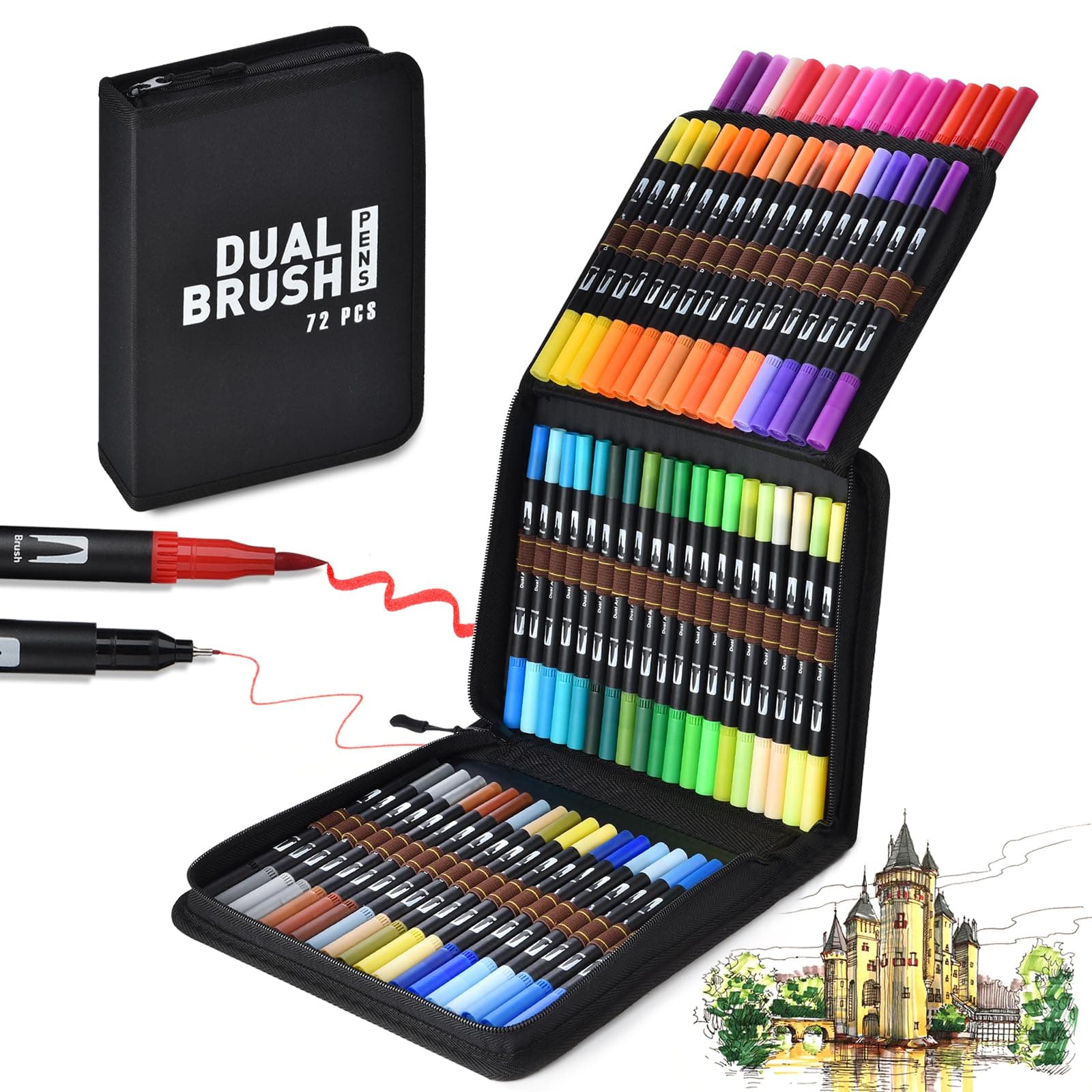 72/100/120 Colores Plumones Doble Punta Pencil, POVOLE Marcadores a Base de Agua No Toxico, Cepillo de Nailon 1-2mm y Punta Fina 0.4mm Para Niños y Adultos, Colorear Lettering Dibujar Caligrafía - 72 Colores - Image 1