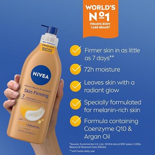 NIVEA Skin Firming Melanin Beauty & Hydration Body Lotion with Q10 and Argan Oil, Firmer Skin in as Little As Seven Days, 16.9 Fl Oz Pump Bottle thumbnail 3