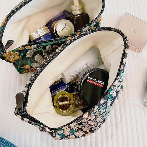 Travel Makeup Bag Accessory Zipper Pouch for Cosmetics, Purse Organizer, Embroidery Lucky Flowers Black thumbnail 7