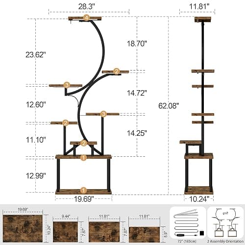 Plant Stand Indoor with Grow Lights - 62" Tall Plant Shelf, Lighted Corner Plant Stands for Indoor Growing, 8 Tiered Large Flower Holder, S-Shaped Decorative Rack for Living Room, Black, Patent Design thumbnail 2