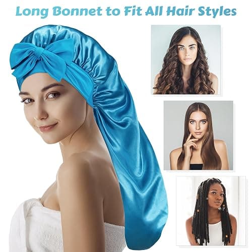 PHILIGHTS Long Satin Bonnet with Tie Band, Reversible Silk Hair Bonnet for Sleeping Women with Curly or Braided Hair thumbnail 4