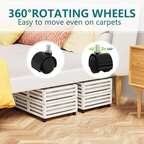 Bamboo Under Bed Storage Containers- Underbed Organizer with Wheels with Large Capacity Dust Bag,Sturdy Wood Rolling Under Bed Shoe Storage Organizer 2 Packs (White, 2 Packs (23.62"×16.54")) thumbnail 7