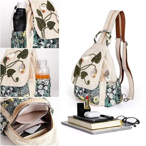 Girl's Convertible Sling Bag, Hand Craft Artisan Purse, Beautiful Canvas Premium Casual Day Mini Backpack for Women (Green Marsh) thumbnail 3