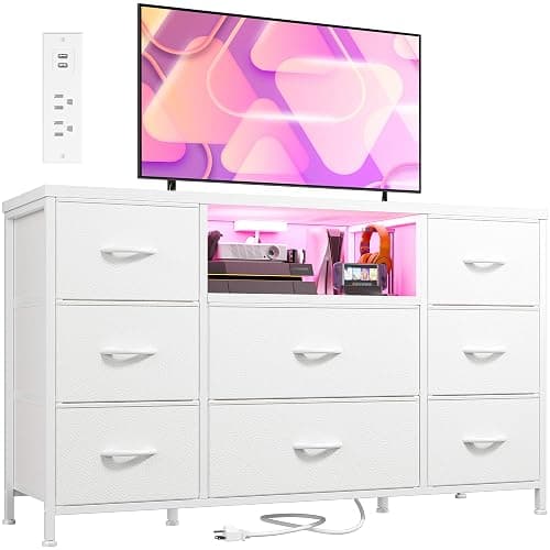 White Dresser for Bedroom with LED Lights & Charging Station, Dresser TV Stand for Bedroom with 8 Drawer for 55 inch TV, Fabric Dressers & Chests of Drawers with Open Shelves for Hallway Entryway - Image 1