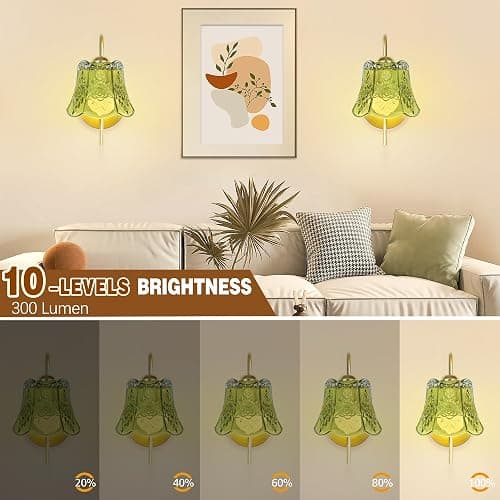 FFVU Wireless Wall Sconce with Flower lampshade, Battery Operated Wall Lights,Wall lamp with 15 Colors for Bedroom Living Room Home Decor (Green Flower,2 Light Battery Operated) thumbnail 5