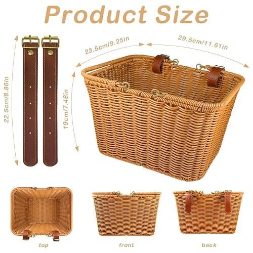 Bike Basket Front,Hand-Woven Bicycle Basket for Adult Bikes with Leather Straps, Easy Detachable,30 * 24 * 19cm thumbnail 5