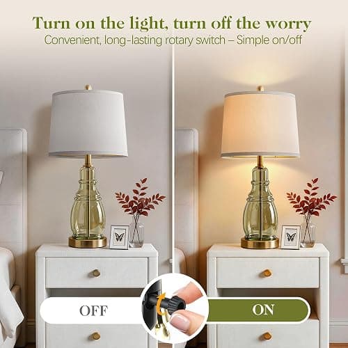 ROTTOGOON Glass Table Lamp Set of 2, Modern Table Lamps for Living Room Bedroom, Bedside Desk Lamps Vintage Nightstand Lamps with Linen Shades, 22", Green thumbnail 3