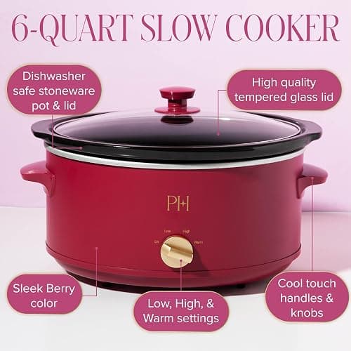 Paris Hilton 6-Quart Manual Slow Cooker, Features Three Settings (Low, High, Warm), Naturally Nonstick and Dishwasher Safe Stoneware Insert, Family Sized Capacity, Berry thumbnail 4