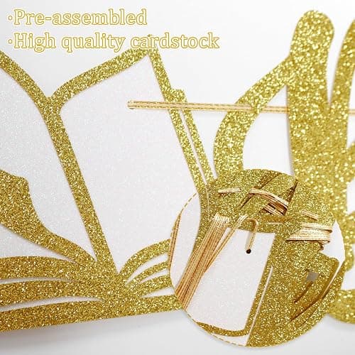 A New Chapter Begins Banner - Book Themed Baby Shower Decorations, Reading Themed Party Decorations, Gold and White Glitter thumbnail 4