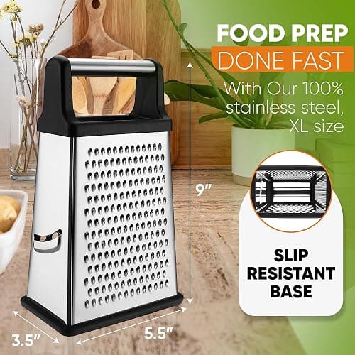 Spring Chef Professional Cheese Grater - Stainless Steel, XL Size, 4 Sides - Perfect Box Grater for Parmesan Cheese, Vegetables, Ginger - Dishwasher Safe - Black thumbnail 2