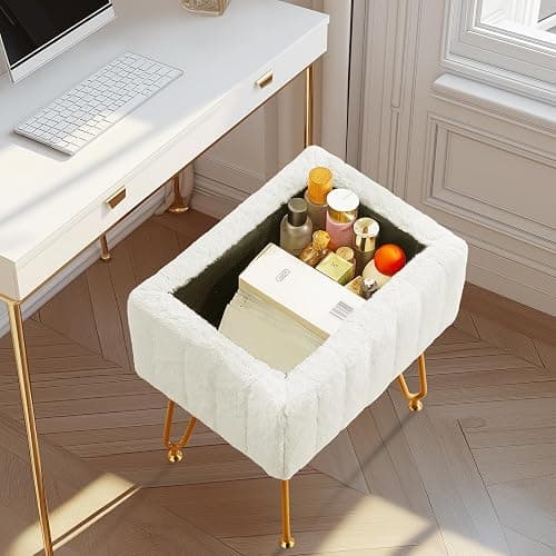 Sweetcrispy Vanity Stool Chair with Storage, Off-White Makeup Chair | 18.9”H x 16”L x 12.2”W Ottoman Chair Faux Soft Padded Footstools Seat with 4 Metal Legs Anti-Slip Adjustable Feet, Off-White thumbnail 2