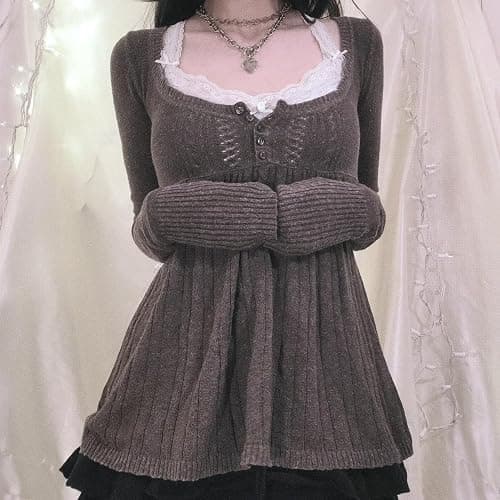 Tsultryofs Y2K Fairy Grunge Knit Long Sleeve Tunic Tops Low Cut Peplum Babydoll Blouse Button Down Harajuku 90s Sweater thumbnail 2