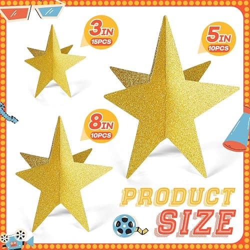 Sinload 45 Pcs 3D Glitter Star Decorations Graduation Gold Centerpiece 3 Sizes Standing Hanging Back to School Work Star Decor for End of Year School Centerpiece Starry Movie Themed Night Party Decor thumbnail 3
