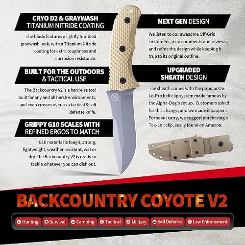 Off-Grid Knives - Backcountry Coyote V2 Fixed Blade, Cryo D2, Graywash Finish, G10 Scales, Full Tang, Kydex Sheath, Belt Attachment, Camping, Bushcraft, Hunting, Survival thumbnail 6