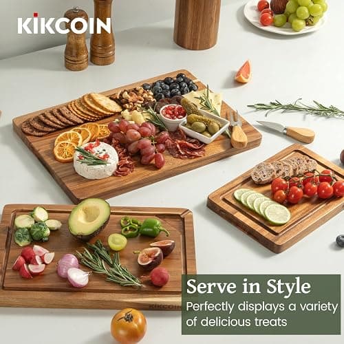Kikcoin Wood Cutting Boards for Kitchen, 3 PCS Wooden Cutting Board Set with Holder, Chopping Board with Built-In Compartments and Juice Groove, Solid Charcuterie Board Serving Tray Wood Butcher Block thumbnail 6