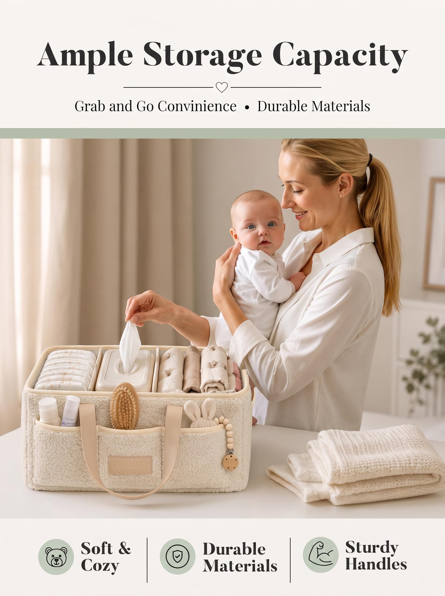 Baby Diaper Caddy Organizer with Portable Changing Mat - Teddy Fleece Diaper Organizer for Changing Table - Baby Basket for Diaper Changing Essentials - Baby Caddy Organizer with Removable Dividers thumbnail 2