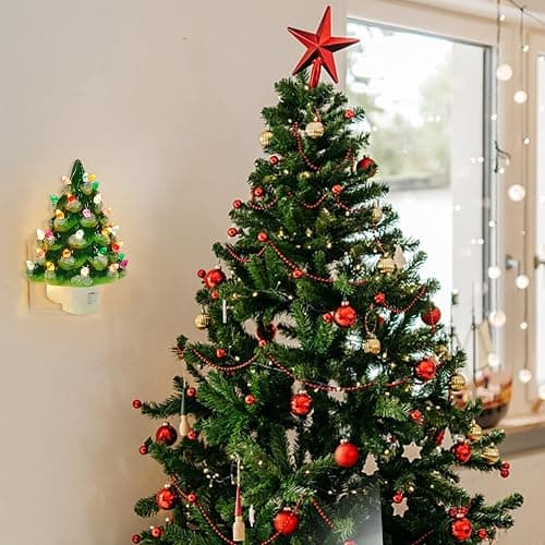 Hausse Christmas Ceramic Tree Night Light, Decorative Snow Covered Xmas Tree Nightlight with Lamp, Multicolor Bulbs & 360 Degree Swivel Plug with ON/Off Switch for Home Bathroom Bedroom Decor thumbnail 8
