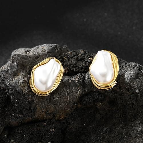 Dckazz Vintage Pearl Earrings Chunky 14K Gold Plated Pearl Earrings for Women Oval Stud Non Tarnish thumbnail 5