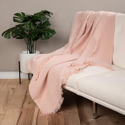Sticky Toffee Blush Pink Muslin Throw Blanket with Fringe, Oeko-Tex Cotton Muslin Blankets for Adults, Soft Lightweight and Breathable for Couch Bed or Sofa, 50 in x 60 in - Muslin Blush Pink thumbnail 3