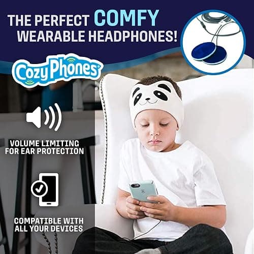 CozyPhones Over The Ear Headband Headphones - Kids Headphones Volume Limited with Thin Speakers & Super Soft Fleece Headband - Ivory Panda thumbnail 2