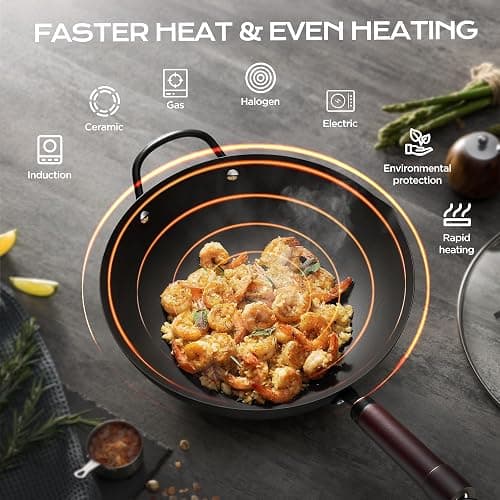 Wok, 13 Inch carbon steel woks & stir-fry pans nonstick, Pre-Seasoned 5.8QT Flat Bottom Chinese Wok Paella Pan with lid, Carbon Steel Cookware, Compatible with All Cooktops thumbnail 5