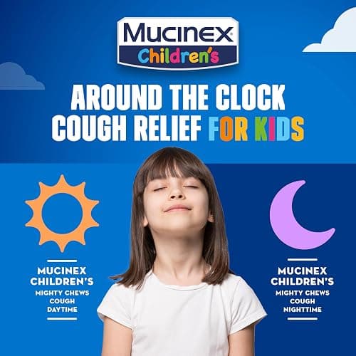 Mucinex Children's Mighty Chews Kids Cough Medicine Daytime And Nighttime Value Pack, Easy to Dose Cough Suppressant For Kids with Dextromethorphan, Mixed Berry Flavor, 32 Medicated Chewable Tablets thumbnail 7