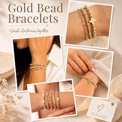 Tungary Gold Beaded Bracelets Set for Women, Non Tarnish 14K Gold Plated | 5Pcs Stackable Stretch Bracelet Stack Waterproof Dainty Pearl Cross Gold Beads Bracelet Jewelry Gift for Her thumbnail 6