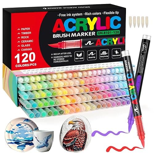 Gelanty Feutre Acrylique,120 couleurs Acrylic Paint Marker avec pinceau flexible, Straight Liquid Acrylic Brush Marker peignant le verre, le bois, les œufs de Pâques. - Image 1