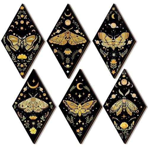 Sintuff 6 Pcs Halloween Gothic Butterfly Witch Wall Decor Art | Sun Moon Phases, Butterfly Hanging Wooden Ornament, Minimalist Farmhouse Pediment, Home Decor, for Living Bedroom Room - Image 1