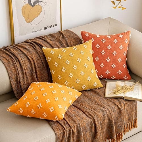 EMEMA Fall Mustard Yellow Decorative Throw Pillow Covers Rhombic Jacquard Pillowcase Cushion Case Square for Couch Sofa Bed Living Room Bedroom Set of 2, 18x18 Inch thumbnail 5
