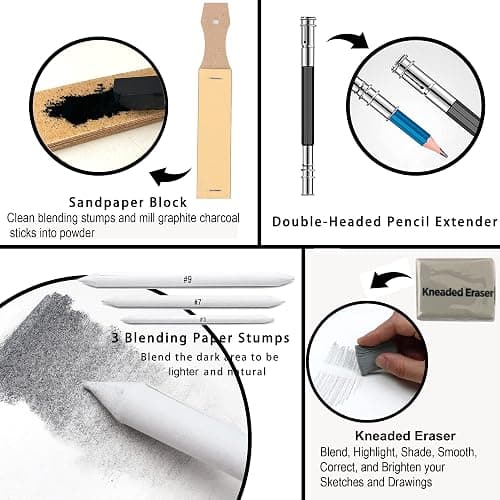 KALOUR 33 Pro Drawing Kit Sketching Pencils Set,Portable Zippered Travel Case-Charcoal Pencils, Sketch Pencils, Charcoal Stick,Sharpener,Eraser.Art Supplies for Artists Beginner Adults Teens thumbnail 6