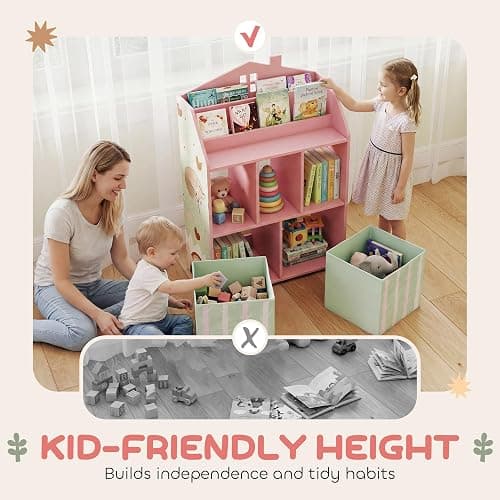 AIYAPLAY Kids Bookshelf with Storage, Toy Storage Unit, Book Display, Pink | Shelves, Fabric Drawers, Multipurpose Children's Bookcase, for Playroom and Nursery thumbnail 5