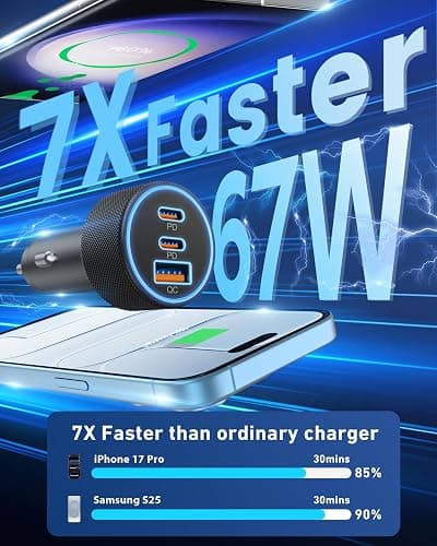 USB C Car Charger, 3-Port 67W Dual USB-C & USB-A Car Power Adapter PD/QC Fast Charging Cigarette Lighter for iPhone 17/16/15/14/13/12/11 Pro Max, iPad, Samsung Galaxy S25 S24/S23/S22, Pixel, Android thumbnail 2