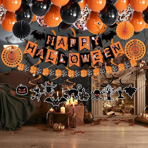 Happy Halloween Trick or Treat Banner Paper Fan Balloons & Swirl Streamers Goul Bat Cat Bird Ghost Pumpkin Lantern for Party Decorations thumbnail 8