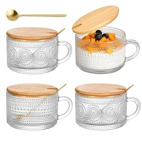 Vintage Glass Coffee Mugs 4 Set, 14oz Overnight Oats Containers with Bamboo Lids and spoon, Glass Tea Cups, Coffee Bar Accessories, Ideal Birthday, Holiday Gifts for Women - Image 1