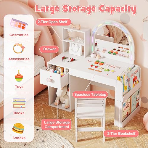 Costzon Kids Vanity with Lights, Girls Vanity Set with Mirror, Bookshelf, Drawer, Storage Cabinet & Shelves, Toddler Makeup Vanity Desk Dressing Table, Kids Vanity Table and Chair Set (White) thumbnail 4