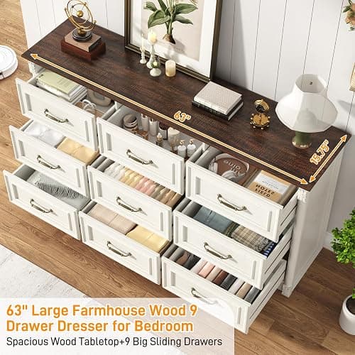 Farmhouse Wood 9 Drawer Dresser for Bedroom,Embossed Roman Column Wood Rustic 63 Inch Wide Dresser & Chest of Drawers with Rustic Handles,Tall Storage Organizer for Bedroom(Antique White) thumbnail 4