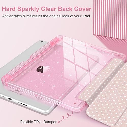 MEEgoodo Case for iPad 10.2 inch(9th Generation 2021/8th Gen 2020/7th Gen 2019), Glitter Tablet Cases with Transparent Acrylic Back+Trifold Stand+Pencil Holder+Auto Wake/Sleep,Blush Pink & Polka Dots thumbnail 2